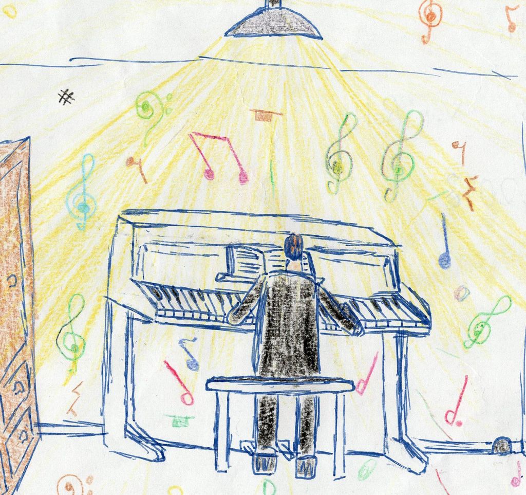 Kinderzeichung einer Person am Klavier, umgeben von bunten Notationszeichen