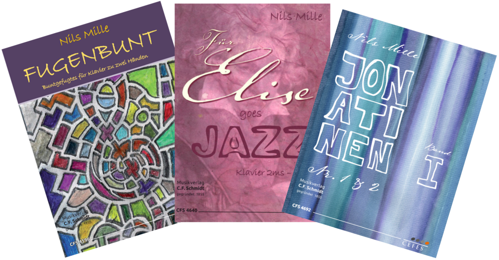 Cover der bislang erschienenen Kompositionen und Arragements (Fugenbunt, Elise goes Jazz, Jonatinen Band 1) 